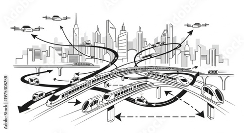 Futuristic City Transportation System with Flying Cars and Elevated Highways.