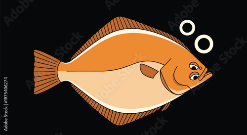 Flat Design Orange Flounder Fish With Bubbles On Black Background