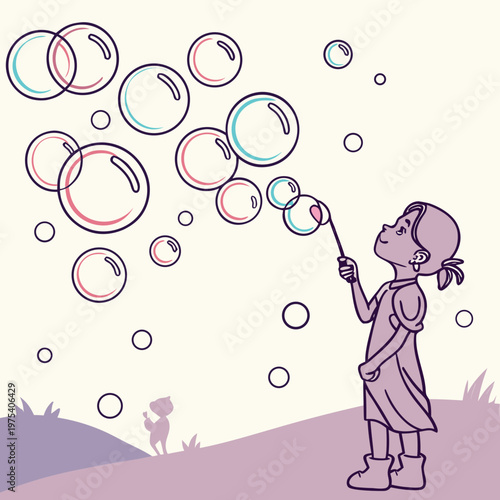 Colorful illustration of a little girl blowing bubbles outdoors, playful scene with soap bubbles, purple, pink, and blue hues, whimsical vector artwork