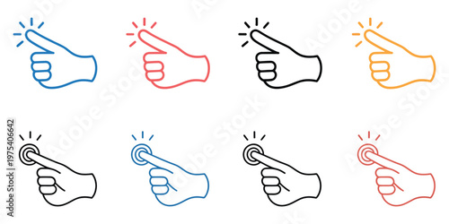 Hands pointing downwards with radiating starbursts in varied colors, vibrant attention grabbing illustration, directional gesture concept