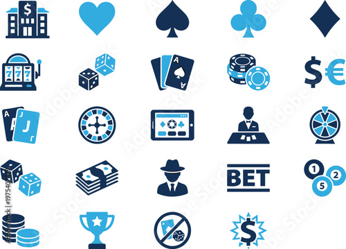 Casino icon set, gambling symbols, betting tools, poker chips, slot machine, roulette wheel, card suits, prize graphic, gaming concept