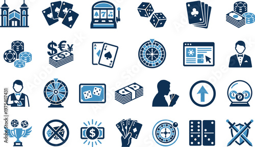 Casino gambling icon set, betting symbols, poker chips, slot machine, roulette wheel, playing cards, money graphic, gaming concept, prize design