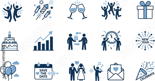 Celebration icons, party, birthday, new year, gift, dancing, fireworks, love, calendar, event, festive, joy, invitation, holiday, fun