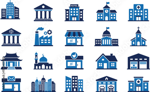 City and Public Buildings Icon Set Including Hospital, Hotel, Government, Factory, Church, Residential House, and Commercial Storefront Structures, Vector Illustration.