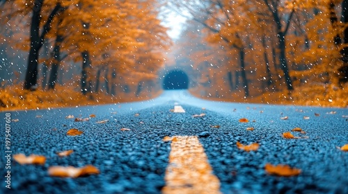 Autumn Road Under Snowfall: Golden Leaves on Asphalt, Tunnel Vision Effect