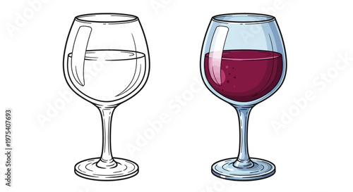 Wine glass outline vs full color, red wine in glass, drink illustration, beverage concept