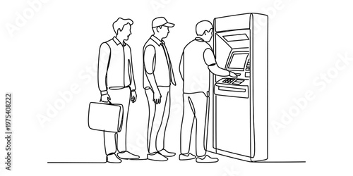 A black and white line drawing of people waiting in a queue to use an automated teller machine Vector, illustration