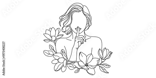 A minimalist black and white line art illustration of a woman making a quiet gesture with flowers Vector, illustration