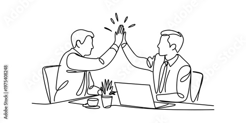 Continuous line drawing of two business partners giving a high five to celebrate their success Vector, illustration
