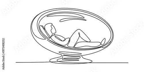 Minimalist continuous line drawing of a relaxed person reclining in a modern round lounge chair Vector, illustration