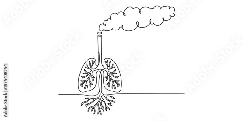 A conceptual continuous line drawing depicting human lungs functioning like a polluted chimney stack Vector, illustration