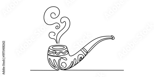 A continuous line drawing of a traditional tobacco pipe with decorative patterns and rising smoke Vector, illustration