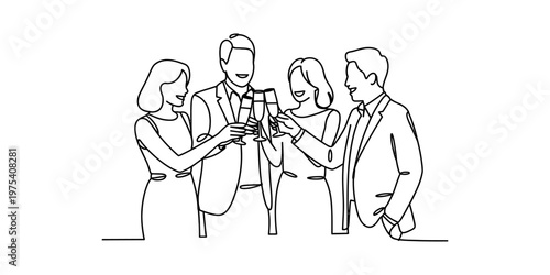 A minimalist single line drawing of two happy couples toasting with champagne glasses together Vector, illustration