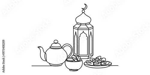 Continuous line drawing of a traditional ramadan lantern with a teapot and a plate of dates Vector, illustration