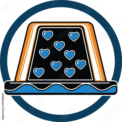 Abstract illustration of a tent-like structure adorned with blue hearts on a transparent background.