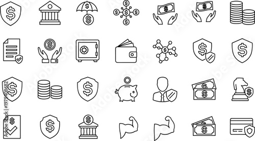 Finance icons set, banking symbols, money management illustration, savings line art, investment graphics, financial protection silhouettes, economic strength icons