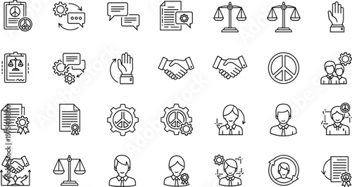 Law icons, justice symbols, peace sign, legal documents, communication icons, ethical collaboration, professional teamwork, handshake, scales, raised hands, gear