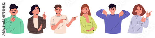 Flat vector illustration set of people pointing, gesturing, and showing directions with hands. ideal for user interface, call-to-action, communication, and instructional design concepts.