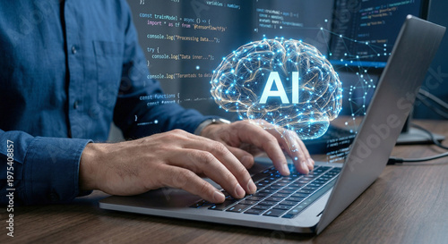 Developer coding on laptop with glowing 3D AI brain hologram and machine learning script on background.