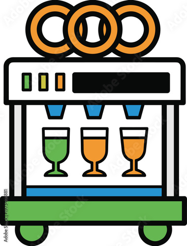 Automated beverage dispensing machine with colorful glasses and decorative rings for juice production.