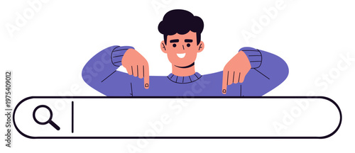 Flat vector illustration of a smiling man pointing down at a search bar with a magnifying glass icon. ideal for website UI, app design, SEO, navigation, and digital marketing visuals.