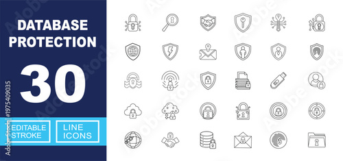 Database Protection icon set. Includes secure database, encrypted information, cloud storage safety, network shield, data privacy, protected file transfer. Editable stroke line icons.