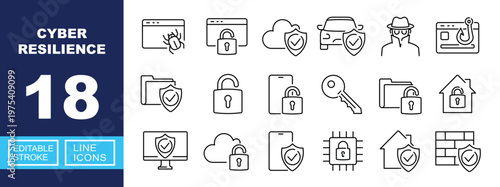 Cyber Resilience icon set. Includes computer virus protection, secure cloud, smart car security, phishing alert, network firewall, encrypted data. Editable stroke line icons.