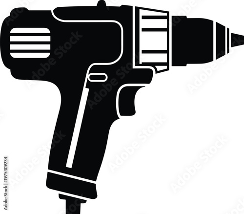 Black silhouette of cordless drill driver for construction engineering and architectural repair jobs.