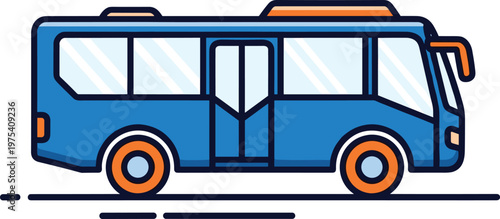 Blue bus with orange details and windows, driving on grey background.