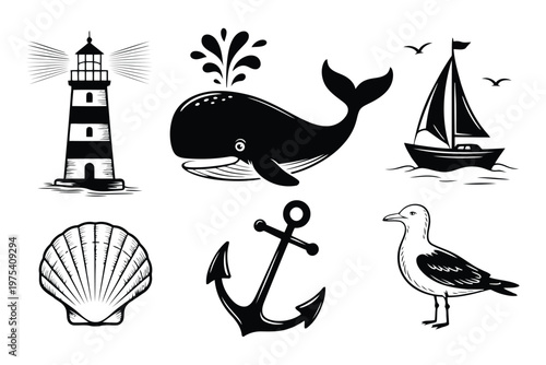 Black and white nautical theme with lighthouse whale sailboat anchor seagull and shell