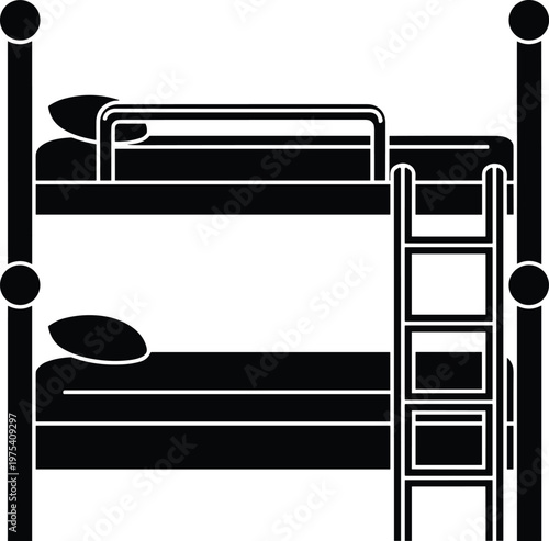 Bunk bed silhouette with ladder for hostel or children bedroom design on transparent grid background.