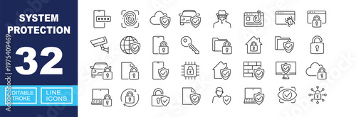System Protection icon set. Includes fingerprint scanner, firewall security, cloud protection, phishing alert, smart car lock, surveillance camera. Editable stroke line icons.
