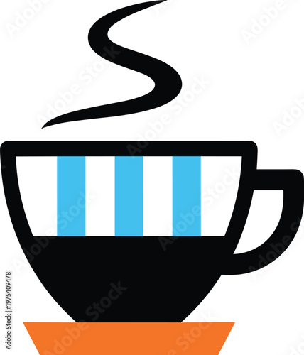 Coffee cup icon with steam and orange saucer for morning breakfast and cafe restaurant branding menu.