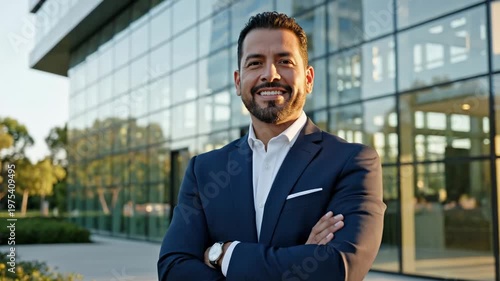 Businessman standing outside modern office building.