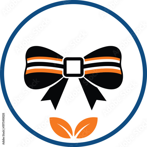 Elegant black and orange bow tie illustration with leaves in a blue circle background.