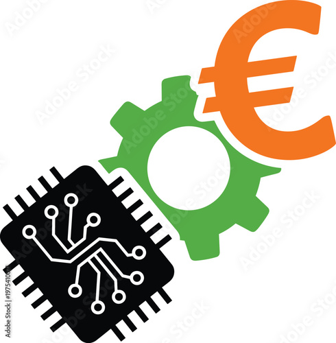 Euro currency symbol with mechanical gear and circuit board chip representing digital financial tech.