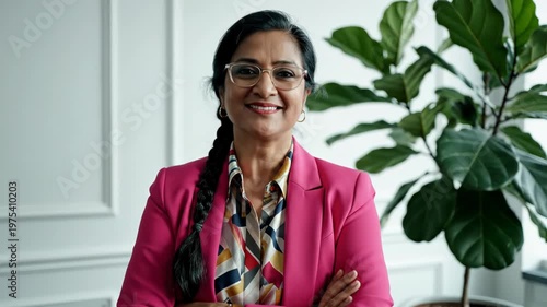 Businesswoman with arms crossed smiling.
