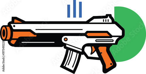 Futuristic science fiction laser rifle with magazine and orange accents vector illustration of weapon.