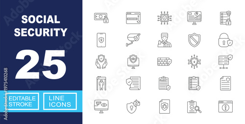 Social Security and Digital Verification Systems. Includes Biometric Body Scanner, Secure Surveillance Camera, Financial Protection, Audit Compliance, Encrypted Network Interface. Editable stroke