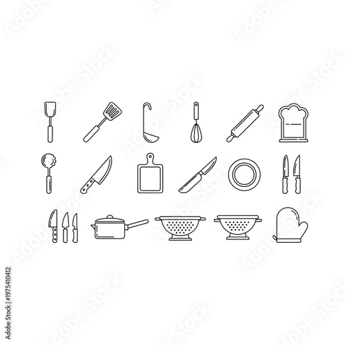 Kitchen utensils and tools icon collection with preparation, illustration