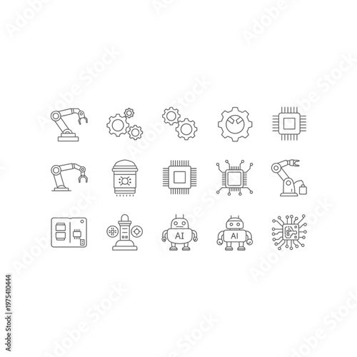 Industrial automation icons: robotic arm gears microchip robot satellite