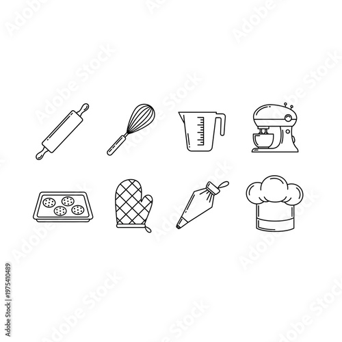 Assorted baking and cooking tools line art icons with utensils, rollingpin