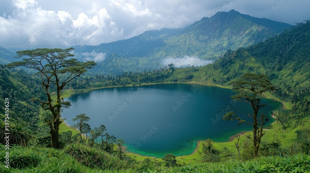 Obraz premium Serene Crater Lake Landscape: Lush Greenery, Majestic Mountains, Cloudy Sky.