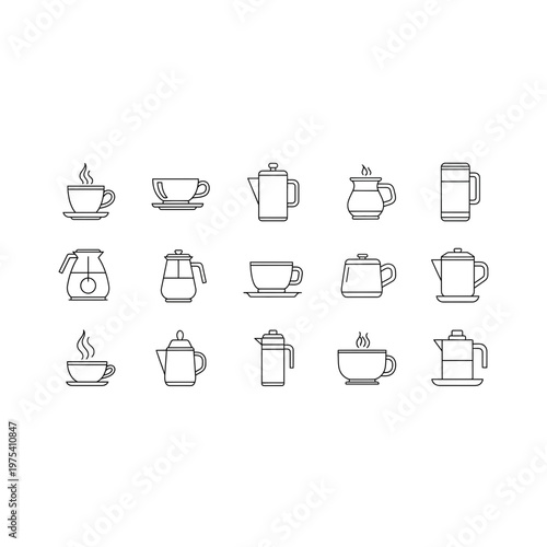 Collection of various outline icons featuring coffee cups teapots kettles