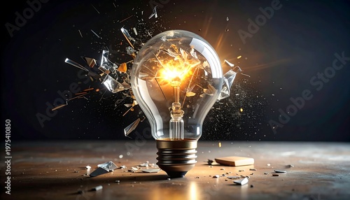 A broken light bulb with glass shards on a table