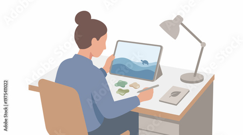 A digital artist working on a creative project on her tablet at a desk. EPS Editable. Vector Illustrations.