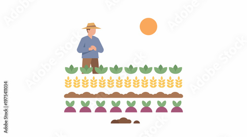 A farmer working in a garden with rows of plants under the sun. EPS Editable. Vector Illustrations.