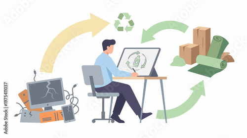 A graphic designer works on a digital tablet to illustrate electronic waste recycling concepts. EPS Editable. Vector Illustrations.