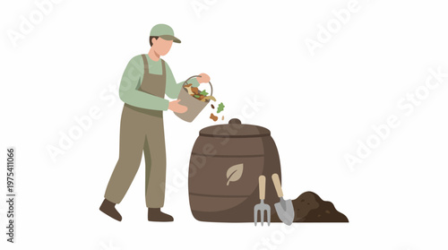 A male gardener putting organic waste into a compost bin. EPS Editable. Vector Illustrations.