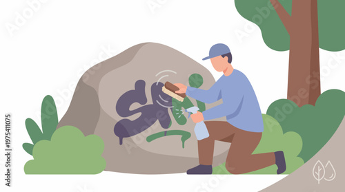 A male graffiti artist kneeling and spray painting a dollar sign on a large rock in a park. EPS Editable. Vector Illustrations.